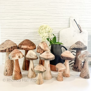 Wood Mushroom Statue Hand Carved Toadstool Decor