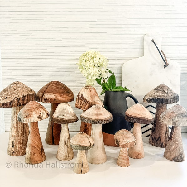 Wood Mushroom Statue Hand Carved Toadstool Decor