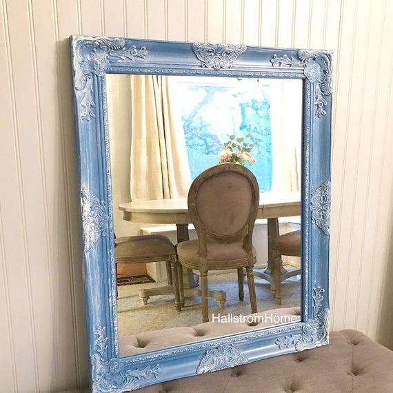Farmhouse Vanity Mirror French Shabby Chic Bathroom Decor Blue And White