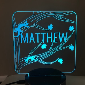 May include: A blue LED night light with a clear acrylic panel featuring a tree branch design with two lizards and the name "MATTHEW" in a stylized font.