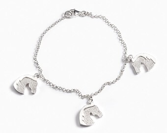 Equestrian bracelet "Charms with 3 horses head" in silver sterling 925