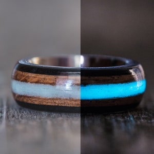 Blue Glow in the Dark Tennessee Whiskey Barrel, Ebony and Titanium Ring - Mens Wood Wedding Band Womens Ring Anniversary Wooden Engagement