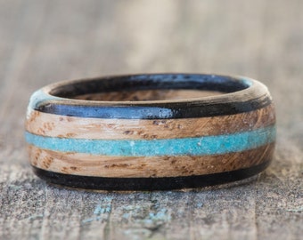 Whiskey Barrel and Ebony Wood Ring with Turquoise Inlay - Tennessee Whiskey Wedding Band Men Engagement Wood Anniversary December Birthstone