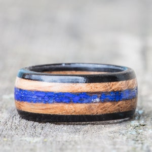 Whiskey Barrel Wood Ring with Lapis Lazuli Inlay - Ebony Wedding Band