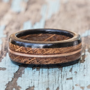 Whiskey Barrel Wood Ring: Ebony and Brass Guitar String Inlay