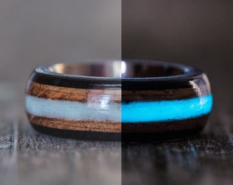 Blue Glow in the Dark Tennessee Whiskey Barrel, Ebony and Titanium Ring - Mens Wood Wedding Band Womens Ring Anniversary Wooden Engagement