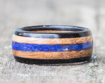 Tennessee Whiskey Barrel Ring with Lapis Inlay - Ebony Wood Ring Mens Wedding Band Womens Ring Wooden Anniversary Gift Lapis Lazuli Inlay