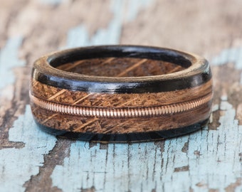 Whiskey Barrel and Ebony Ring with Brass Guitar String Inlay