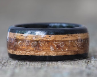 Whiskey Barrel with Amber Inlay and Ebony Wood Ring - Tennessee Whiskey Barrel Wedding Band Men Engagement Ring Wood Anniversary