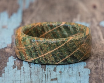 Green Tennessee Whiskey Barrel Ring - Dyed Wood Ring Anniversary Gift Wedding Ring Mens Engagement Ring Womens Band Forest Green Wooden Ring