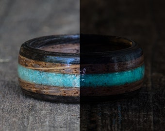 Glowing Turquoise, Whiskey Barrel and Ebony Wooden Ring - Glow in the Dark Mens Engagement Ring Wedding Band Couples Rings Wood Anniversary