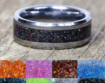 Choose Your Opal and Use Your Own Sand Tungsten Ring - Send Us Sand From Your Beach Wedding! Mix and Match Custom Ring 8mm Wedding Band
