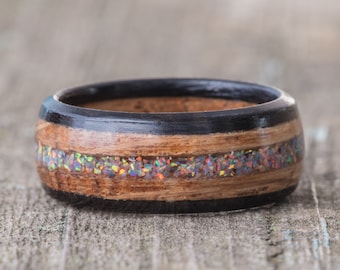 Whiskey Barrel and Ebony Ring with Moonstone Opal Inlay