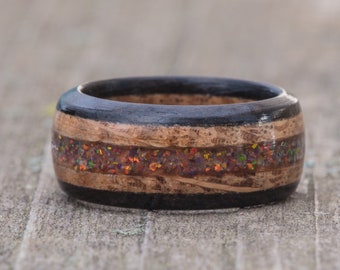 Whiskey Barrel, Rainbow Opal and Ebony Ring - Tennessee Whiskey Barrel Wood Ring Men Wedding Band Women Engagement Wooden Anniversary Gift