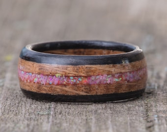 Whiskey Barrel and Ebony Ring with Bubblegum Opal Inlay