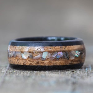 Whiskey Barrel Ring: Abalone Shell Inlay, Ebony Wood Wedding Band