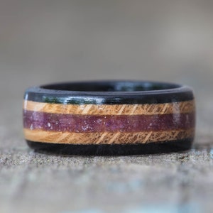 Whiskey Barrel and Ebony Wood Ring with Purple Fluorite Inlay - Tennessee Whiskey Barrel Wedding Band Men Engagement Ring Wood Anniversary