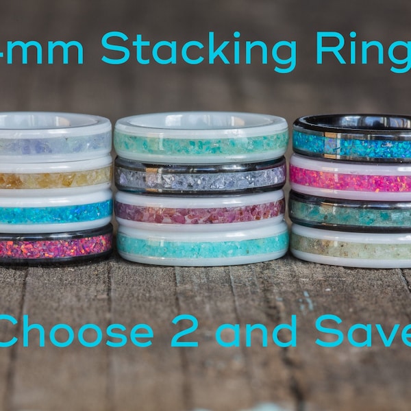 4mm Ceramic Stackable Rings - Pick 2 - Layering Stacking Rings 1.6mm Tall Tanzanite Turquoise Amber Opal Garnet Amazonite Inlay Birthstone