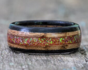 Whiskey Barrel, Orange Opal and Ebony Ring - Tennessee Whiskey Barrel Wood Ring Men Wedding Band Women Engagement Wooden Anniversary Gift