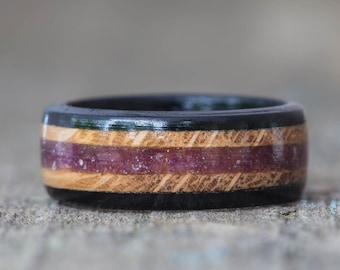 Whiskey Barrel and Ebony Ring with Purple Fluorite Inlay