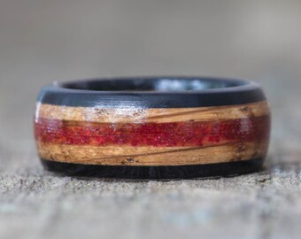 Whiskey Barrel and Ebony Ring with Red German Glass Glitter Inlay