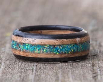 Whiskey Barrel, Turquoise Opal and Ebony Ring - Tennessee Whiskey Barrel Wood Ring Men Wedding Band Women Engagement Wooden Anniversary Gift