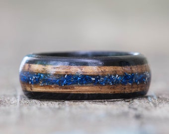 Whiskey Barrel and Ebony Ring with Blue German Glass Glitter Inlay