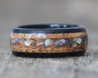 Whiskey Barrel with Abalone Shell Inlay and Ebony Wood Ring -  Tennessee Whiskey Barrel Wedding Band Men Engagement Ring Wood Anniversary