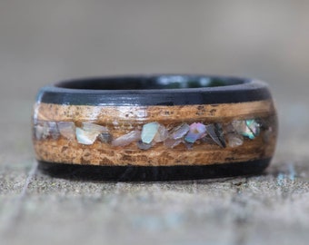 Whiskey Barrel and Ebony Ring with Abalone Shell Inlay