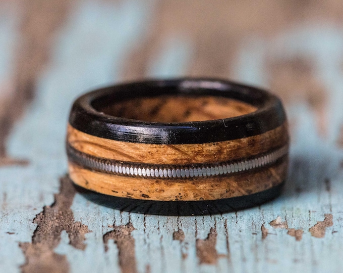 Featured listing image: Tennessee Whiskey Barrel and Ebony Ring with Guitar String Inlay