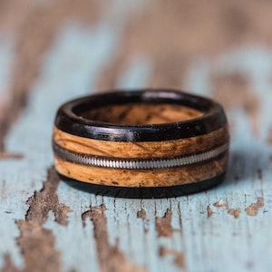 Tennessee Whiskey Barrel and Ebony Ring with Guitar String Inlay Mens Wedding Band Womens Ring Anniversary Gift Wood Engagement Ring image 1