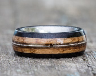 Tennessee Whiskey Barrel, Ebony, and Titanium Ring with Guitar String Inlay - Mens Wedding Band Womens Ring Anniversary Gift Wood Engagement