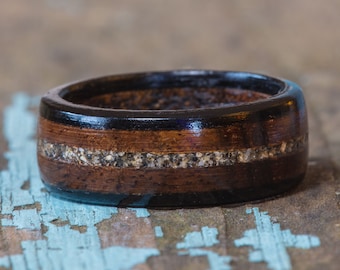 Koa and Ebony Wood and Your Sand Inlay Ring - Hawaiian Koa Ring Reclaimed Wooden Ring Men Wedding Band Women Engagement Ring Beach Sand Ring