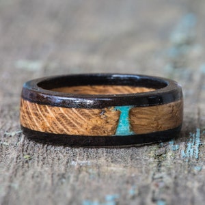Whiskey Barrel and Ebony Wood Ring with Turquoise Inlay - Men Engagement Women Wedding Band Tennessee Whiskey Barrel December Birthstone