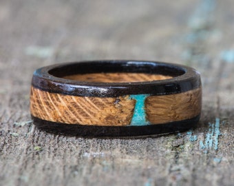 Whiskey Barrel and Ebony Wood Ring with Turquoise Inlay