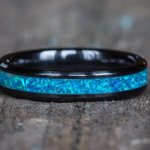 Blue Opal Black Ceramic Ring: Stackable Womens Band