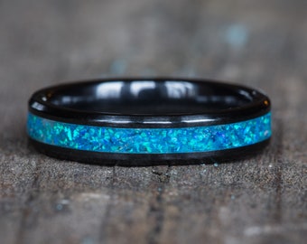 Blue Opal Black Ceramic Stacking Ring