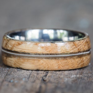 Tennessee Whiskey Barrel and Titanium Ring with Guitar String Inlay - Mens Wedding Band Womens Ring Anniversary Gift Wood Engagement