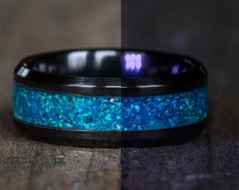 Glowing Blue Opal Black Ceramic Ring