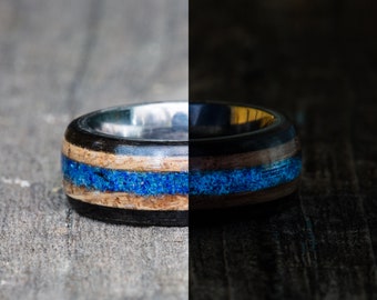 Blue Azurite Glow in the Dark Tennessee Whiskey Barrel, Ebony & Titanium Ring - Mens Wood Wedding Band Womens Anniversary Wooden Engagement