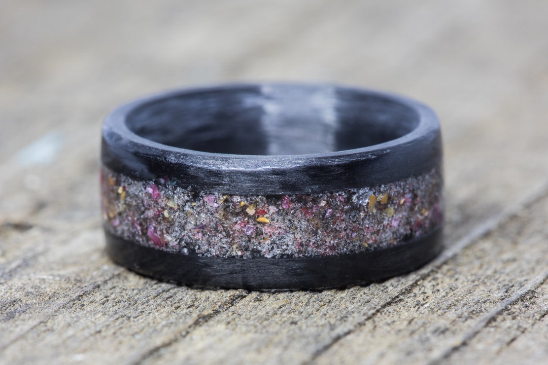 Ruby & Your Sand Inlay Carbon Fiber Ring: Custom Beach Wedding Band - Etsy