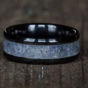 Tanzanite Black Ceramic Ring: Crushed Blue Stone Wedding Band
