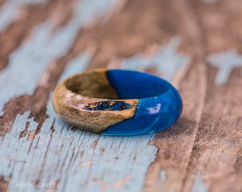 Blue White Clear Acrylic Wood Fusion Ring - Maple Burl Birch Wood Mens Wedding Band Womens Engagement Ring Wood Anniversary Gift Resin Ring