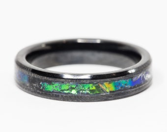 Green Dragon Scale Black Ceramic Ring - Metallic Green Blue Dragonskin Skin Dragonscale Dichrolam Mens Womens Unisex Wedding Fantasy Band