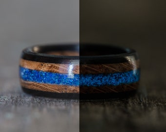 Blue Glow Azurite, Whiskey Barrel and Ebony Wooden Ring - Glow in the Dark Mens Engagement Ring Wedding Band Couples Rings Wood Anniversary