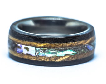 Whiskey Barrel and Ebony Titanium Lined Ring with Abalone Shell Inlay