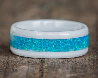 Blue Opal White Ceramic Ring