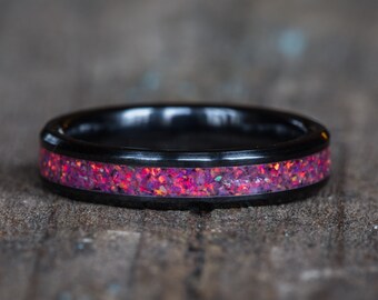 Pink Opal Black Ceramic Stacking Ring