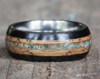 Tennessee Whiskey Barrel Amazonite and Ebony Wood Ring with Titanium Liner