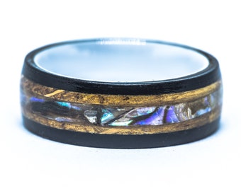 Whiskey Barrel and Ebony Ring with Abalone Shell Inlay and White Ceramic Liner